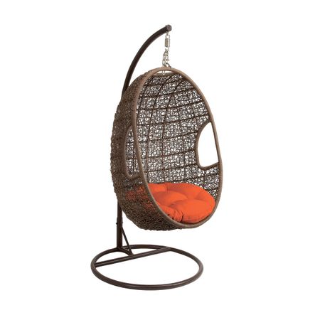 Hanover Outdoor Wicker Rattan Hanging Egg Chair Swing with Round Cushion and Mosaic Pattern in Orange