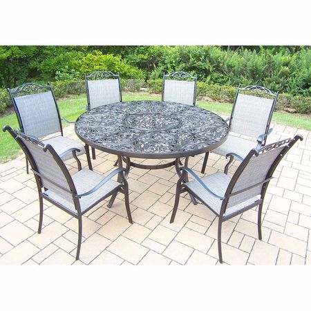 Oakland Living Cascade 7 Piece Traditional Patio Set with 60" Round Table 6 Stackable Chairs in Black
