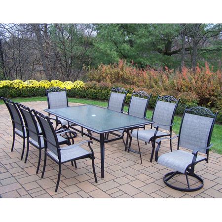 Oakland Living Cascade Aluminum Framed 9 Piece Sling Dining Set with Table, 2 Swivel Rockers and 6 Stackable Chairs in Black