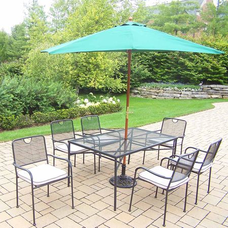 Oakland Living Charleston 9 Piece Patio Set with 6 Cushioned Stackable Chairs and Green 9' Umbrella and Stand in Black