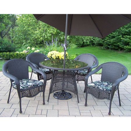 Oakland Living Elite Resin Wicker 5 Piece All Weather Dining Set with Black Floral Cushions and Umbrella in Coffee