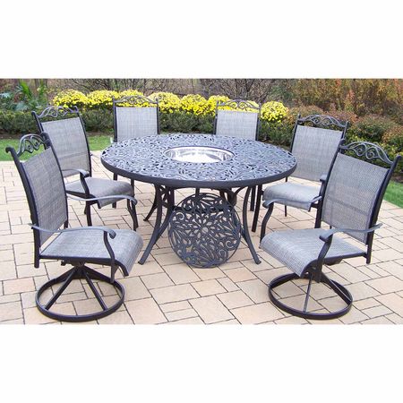 Oakland Living Mississippi Cascade 60" 7 piece Sling Dining Set with Stainless Steel Ice Bucket in Black