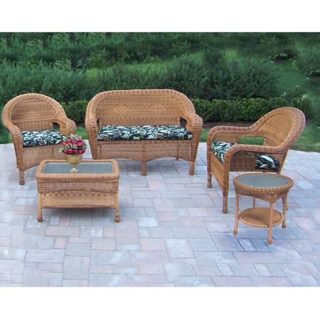 Oakland Living Resin Wicker 5 Piece Seating Set with Cushioned Loveseat, 2 Chairs, Coffee Table and End Table in Natural