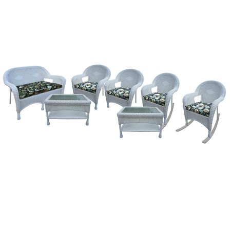 Oakland Living Resin Wicker 7 Piece Seating Set with Cushioned Loveseat, 2 Chairs, 2 Rockers and 2 Coffee Tables in White
