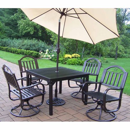 Oakland Living Rochester 5 Piece Swivel Dining Set with Beige 9' Tilting Umbrella and Stand in Hammer Tone Brown