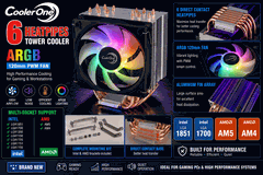 CoolerOne 6-Heatpipe ARGB CPU Tower Cooler 120mm PWM Fan Multi-Socket Intel LGA1851 LGA1700 LGA1200 LGA115X AMD AM5 AM4 Direct Contact Heatpipe Gaming Workstation Air Cooler - Click to enlarge