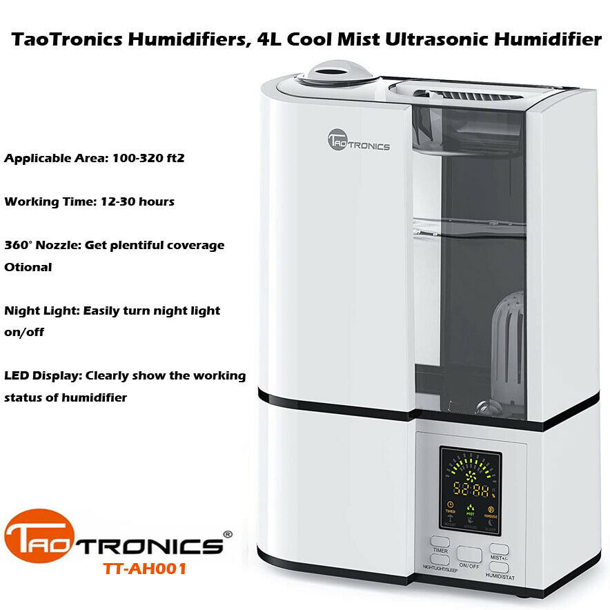 Tronics Humidifier TaoTronics Humidifier TT-AH001 4L Ultrasonic Cool Mist Quiet LED ...