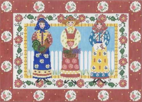 Trio of Folk Ladies w/ Floral Borders