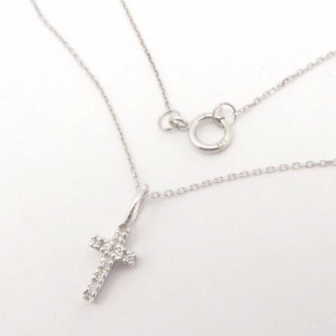 CROSS TINY NATURAL DIAMOND CROSS NECKLACE.  VS2-SI1 .02CT 14K SOLID WHITE GOLD  
