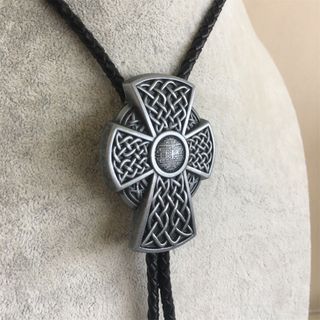 Antique Silver Cowboy Cowgirl Celtic Cross Bolo Tie