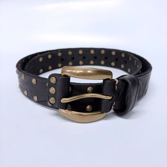 Copper Rivets Black Genuine Leather Belt With Brass Pin Buckle BELT1-019BK