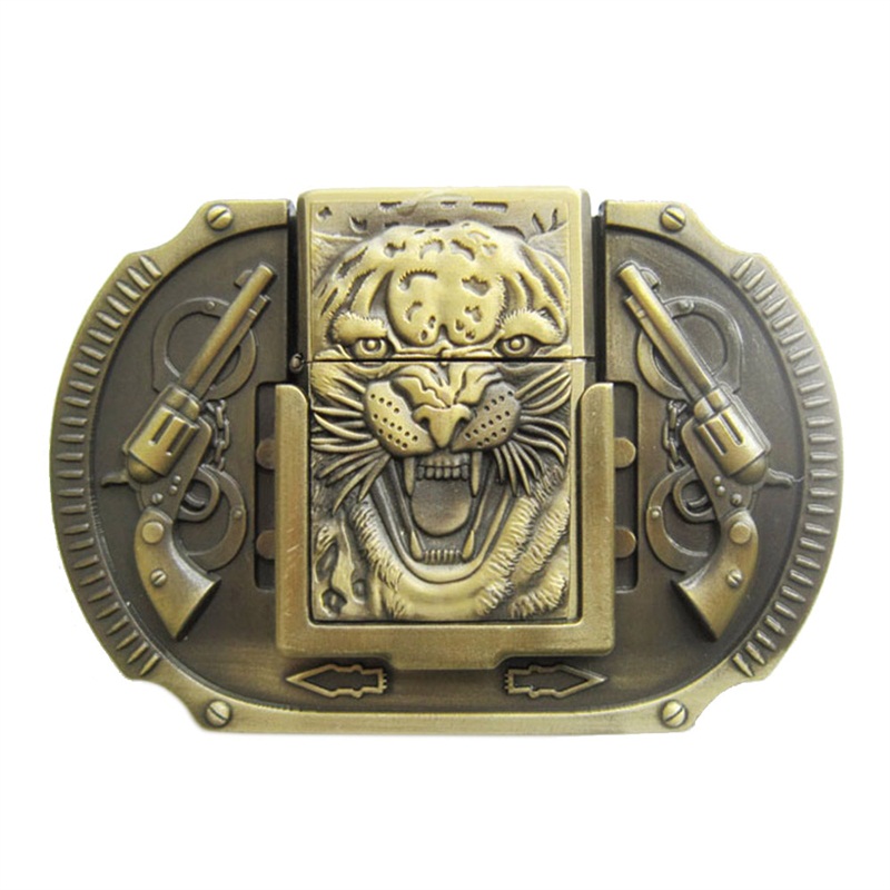 Vintage Bronze Plated Tiger Guns Belt Buckle With Brass Lighter