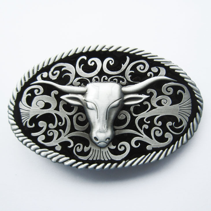 Classic Vintage Black Enamel Longhorn Bull Western Oval Belt Buckle