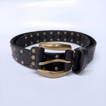Copper Rivets Black Genuine Leather Belt With Brass Pin Buckle BELT1-019BK