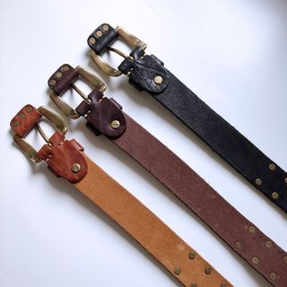 Copper Rivets Black Genuine Leather Belt With Brass Pin Buckle BELT1-019BK