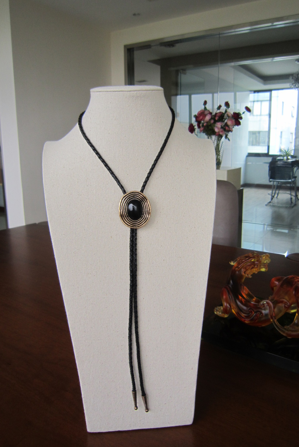 Vintage Gold Plated Bolo Tie – ZA Greenstone Pendant, Genuine Leather Cord, Adjustable Slide, 39 Inch - View #5