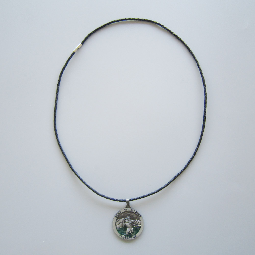 Saint Christopher Metal Round Charm Pendant Religion Leather Necklace