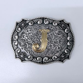 Vintage Silver With Gold Plated A - Z Initial Letter Western Cowboy Cowgirl Belt Buckle BUCKLE-LE010VSG