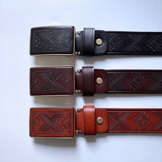 Western Southwest Laser Engrave Black Genuine Leather Belt With Solid Brass Buckle BELT1-028BK