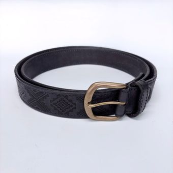 Western Southwest Laser Engrave Black Genuine Leather Belt With Solid Brass Pin Buckle BELT1-027BK