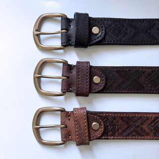 Western Southwest Laser Engrave Black Genuine Leather Belt With Solid Brass Pin Buckle BELT1-027BK