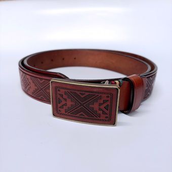Western Southwest Laser Engrave Brown Genuine Leather Belt With Solid Brass Buckle BELT1-028ZW