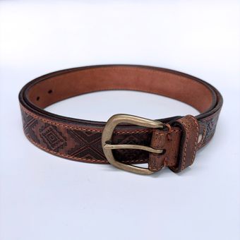 Western Southwest Laser Engrave Brown Genuine Leather Belt With Solid Brass Pin Buckle BELT1-027ZW