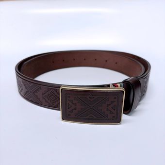 Western Southwest Laser Engrave Dark Coffee Genuine Leather Belt With Solid Brass Buckle BELT1-028BW