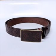 Western Southwest Laser Engrave Dark Coffee Genuine Leather Belt With Solid Brass Buckle BELT1-028BW