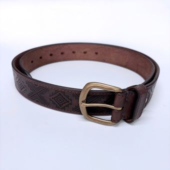 Western Southwest Laser Engrave Dark Coffee Genuine Leather Belt With Solid Brass Pin Buckle BELT1-027BW