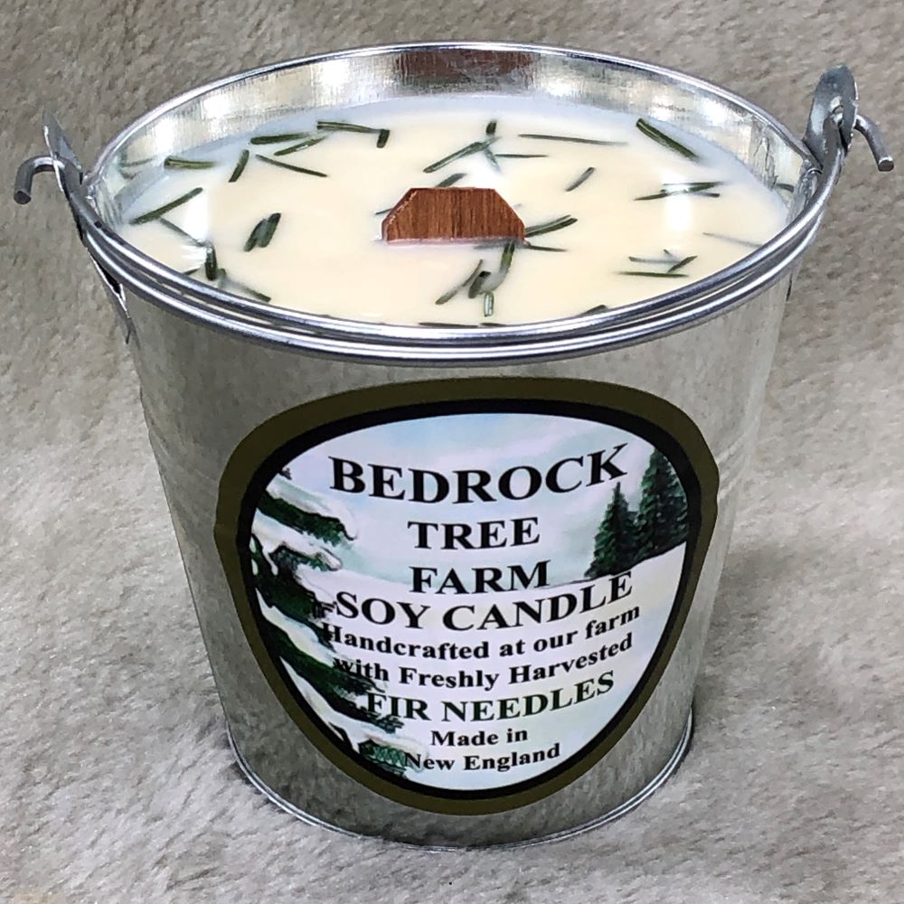 Bedrock Tree Farm Soy Fir candles in a galvanized Pail