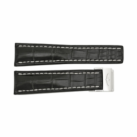 Breitling Black Watch band Strap with White Stitching and a Stainless Steel Foldover Buckle 24-20m