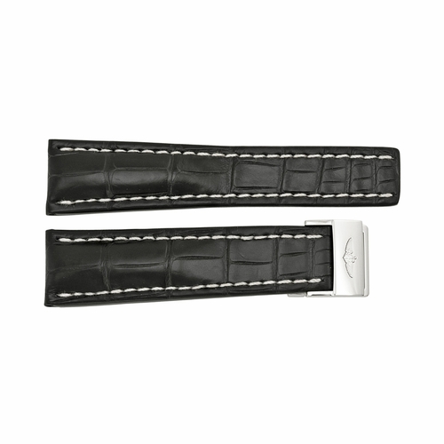 Breitling Black Watch band Strap with White Stitching and a Stainless Steel Foldover Buckle 24-20m