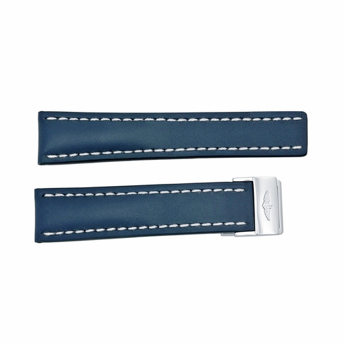 Breitling Strap styled in Blue Leather and White Stitching with a deployment Buckle 22-20mm