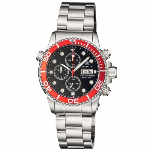 Deep Blue DIVER40CHRONOREDBEZLBRACE Diver 1000 Quartz Chronograph Diver Unisex Chronograph Quartz Watch
