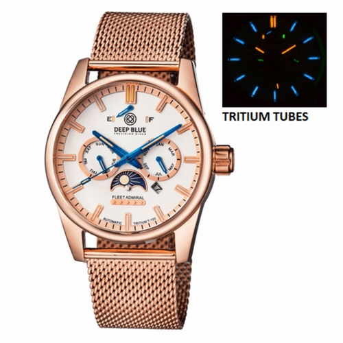 Deep Blue FLEETRITIROSESILVER Fleet Admiral Tritium Master Calendar T-100 5 Star Unisex Automatic Watch