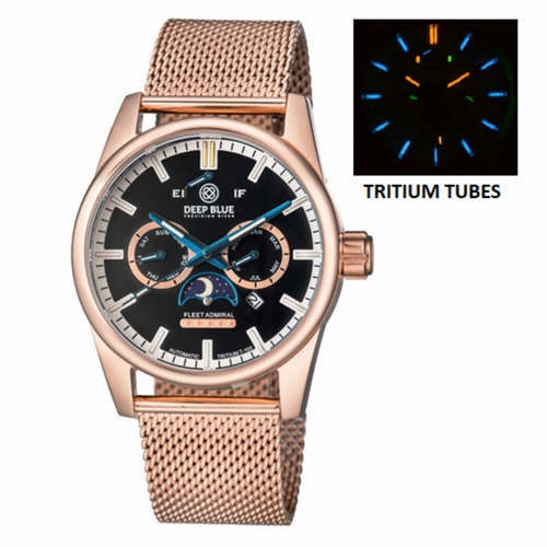 Deep Blue FLEETRITROSEBLACK Fleet Admiral Tritium Master Calendar T-100 5 Star Unisex Automatic Watch