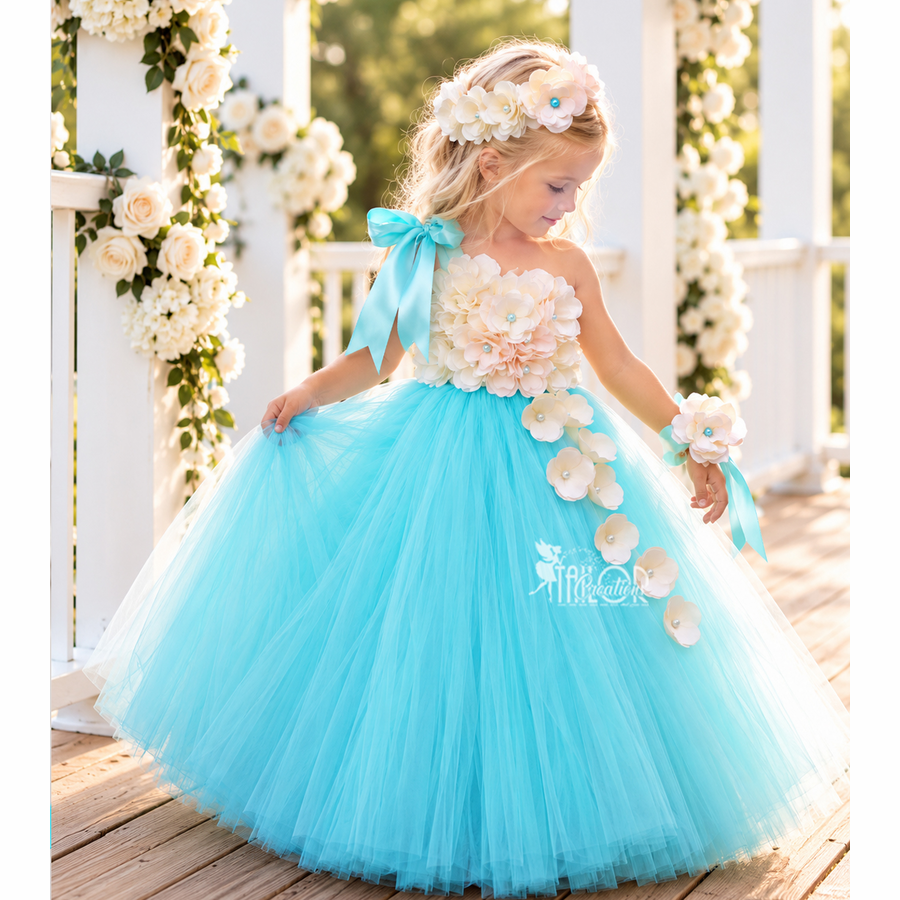 Aqua and Ivory Hydrangea Pearl Flower Girl Tutu Dress - Cascading Flowers Toddler Girl