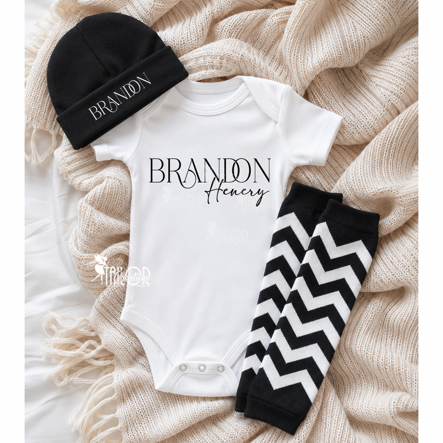 Baby Boy Custom Name Black & White Outfit - Unique Baby Shower Gift Box Ideas for Baby Boy