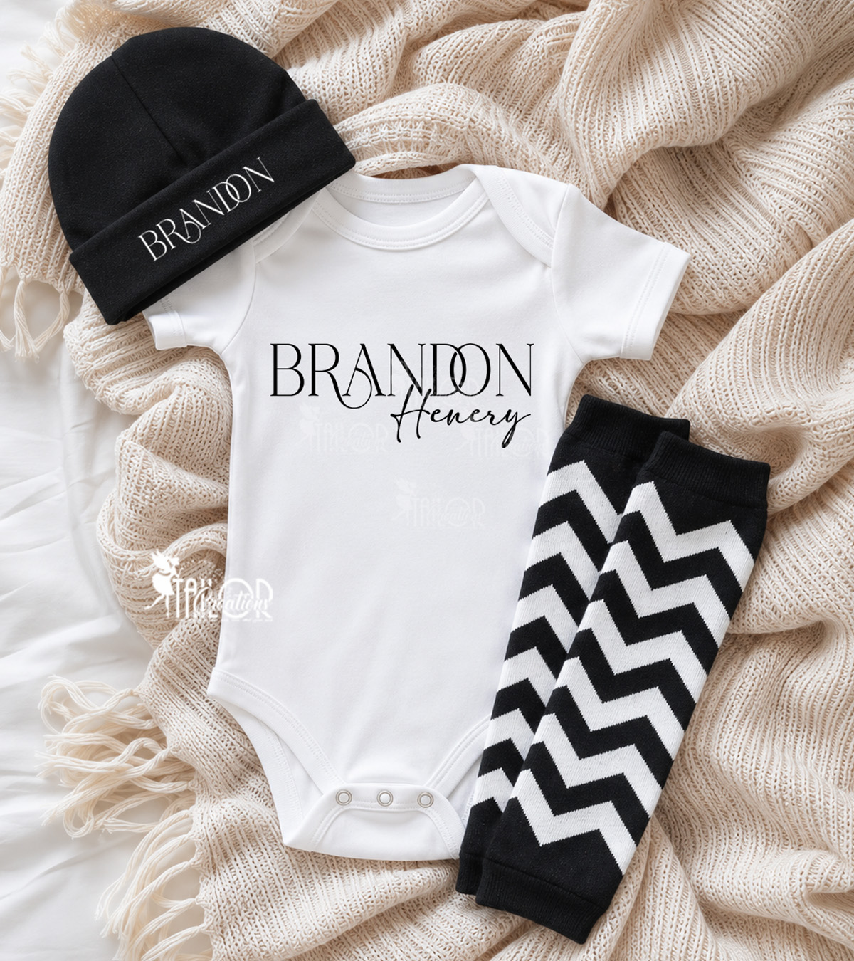 Baby Boy Custom Name Black & White Outfit - Unique Baby Shower Gift Box Ideas for Baby Boy