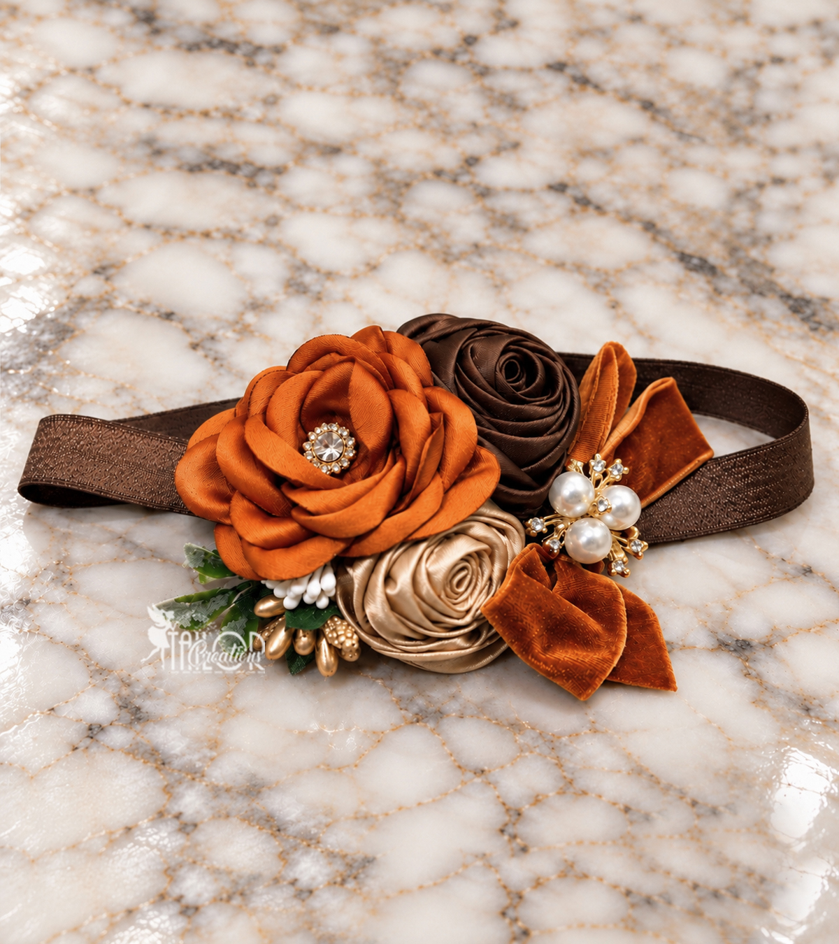 Baby Girl Fall Headband with Burnt Orange and Brown - Autumn Gold Rosettes, Rhinestones and Velvet Bow Headband