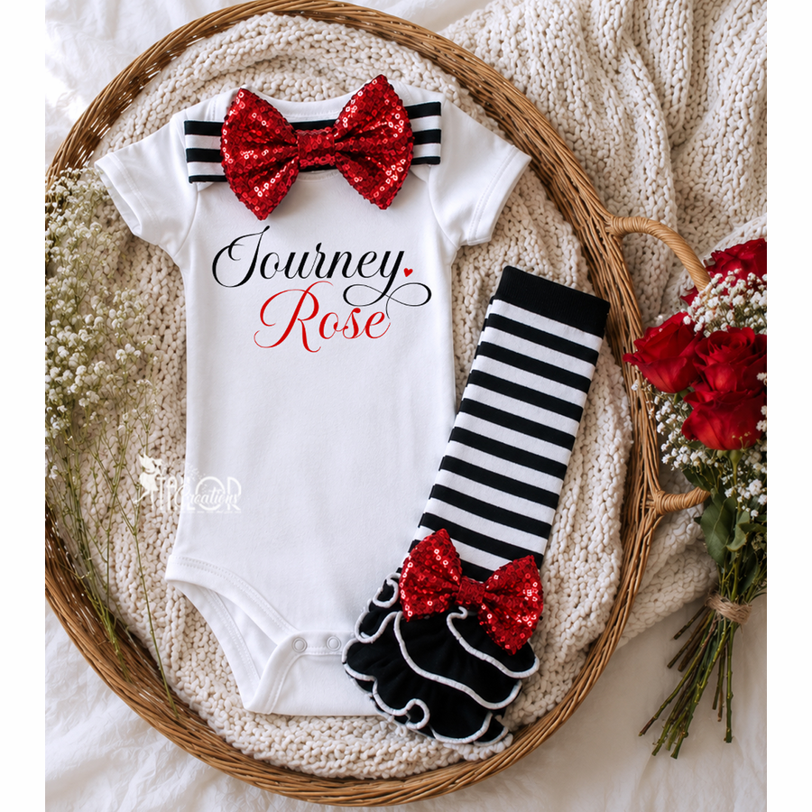 Personalized Baby Girl Name Outfit - Baby Girl Red and Black Custom Name Glitter Bodysuit Outfit
