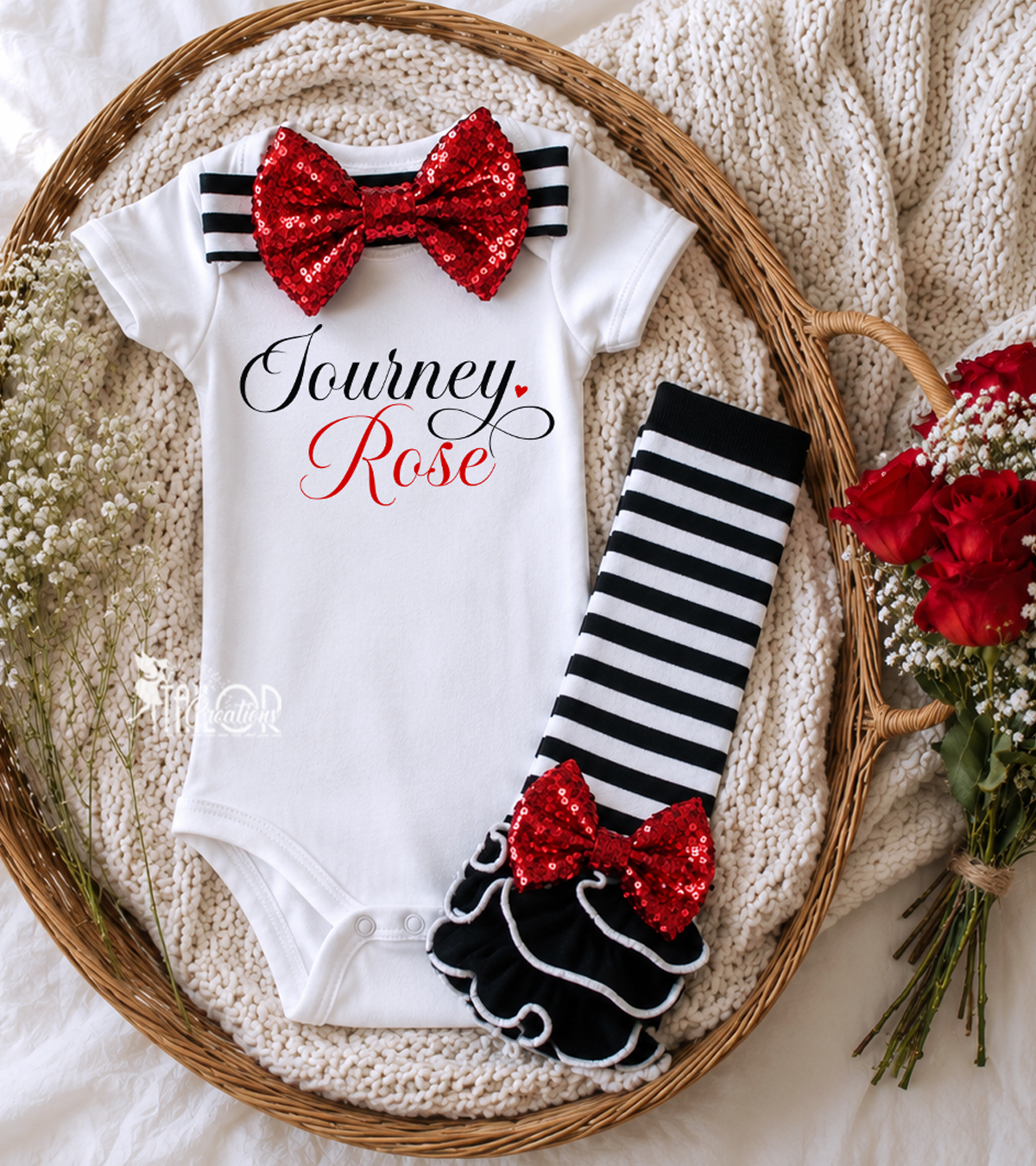 Personalized Baby Girl Name Outfit - Baby Girl Red and Black Custom Name Glitter Bodysuit Outfit