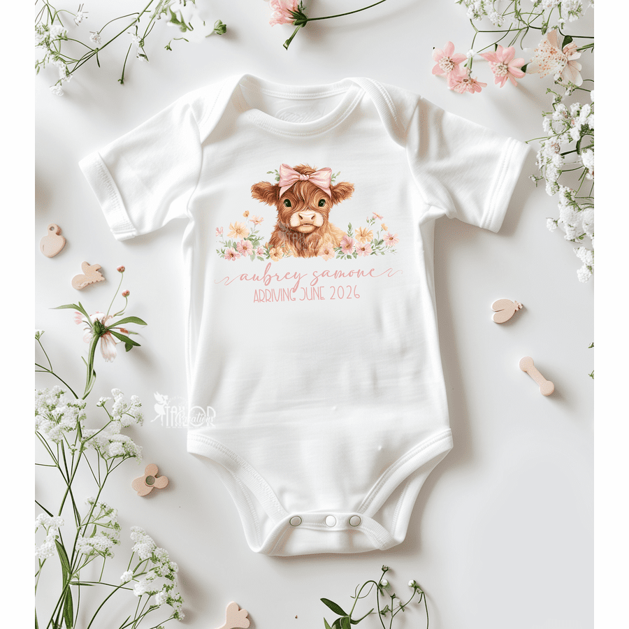 Baby Highland Miracle Baby Announcement Bodysuit - Floral Baby Highland Cow Pregnancy Announcement