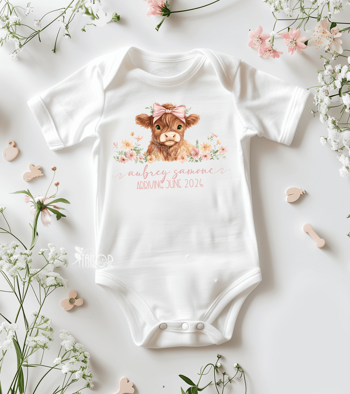 Baby Highland Miracle Baby Announcement Bodysuit - Floral Baby Highland Cow Pregnancy Announcement