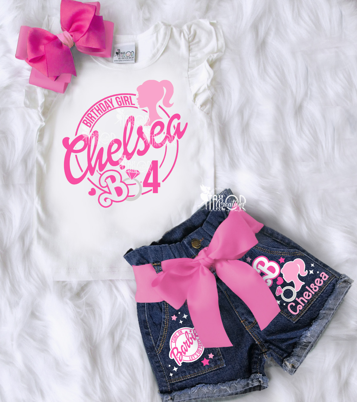 Barbie Custom Denim Birthday Party Kids - Barbie Birthday Party Tee Shirt and Shorts Set