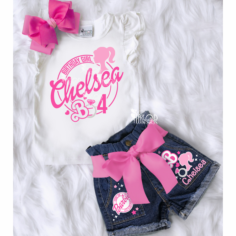 Barbie Custom Denim Birthday Party Kids - Barbie Birthday Party Tee Shirt and Shorts Set