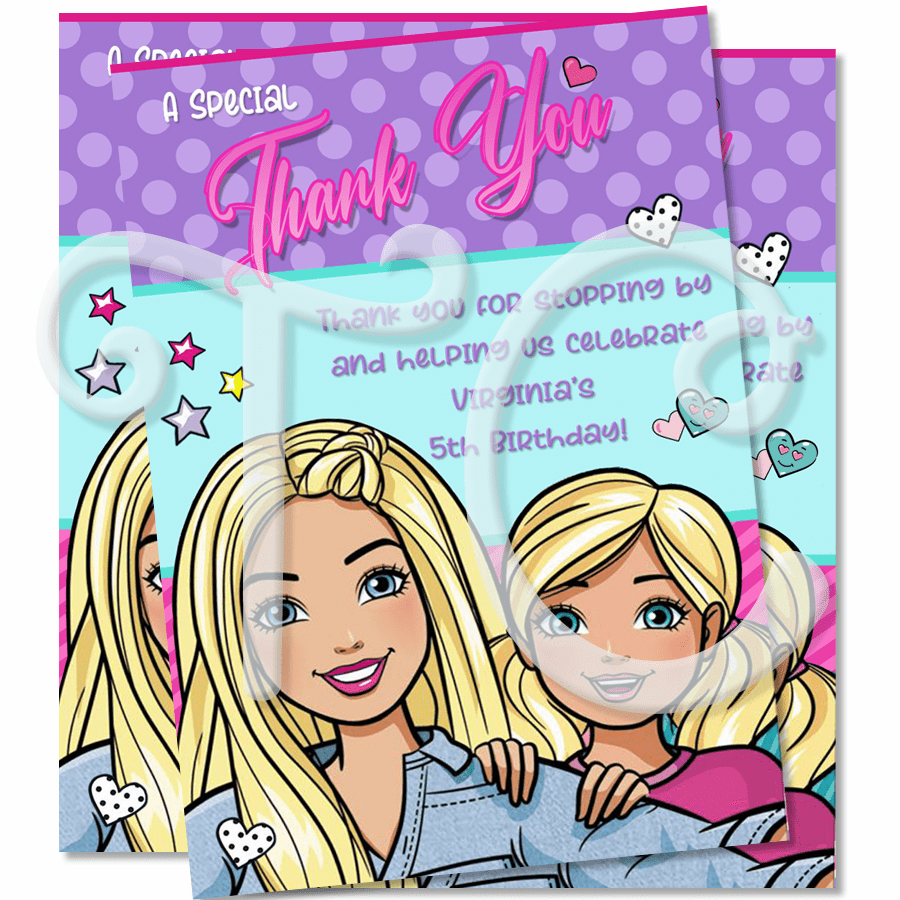 Barbie Custom Thank you cards, DIY Barbie Thank you Cards, Barbie Party Supplies