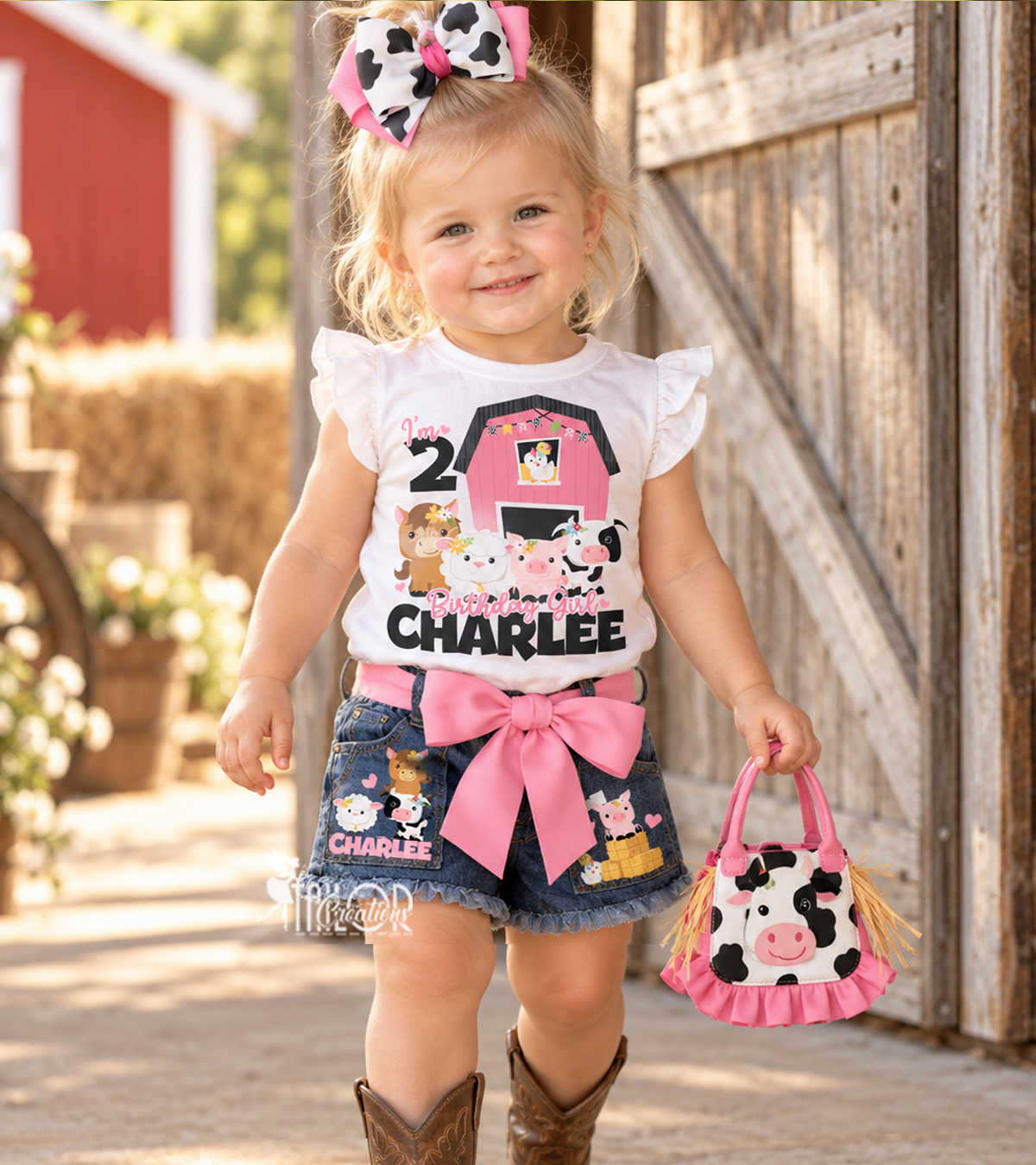 Barnyard Pink Cowgirl Birthday Party Denim Outfit - Farm Animals Birthday Outfit for Girls