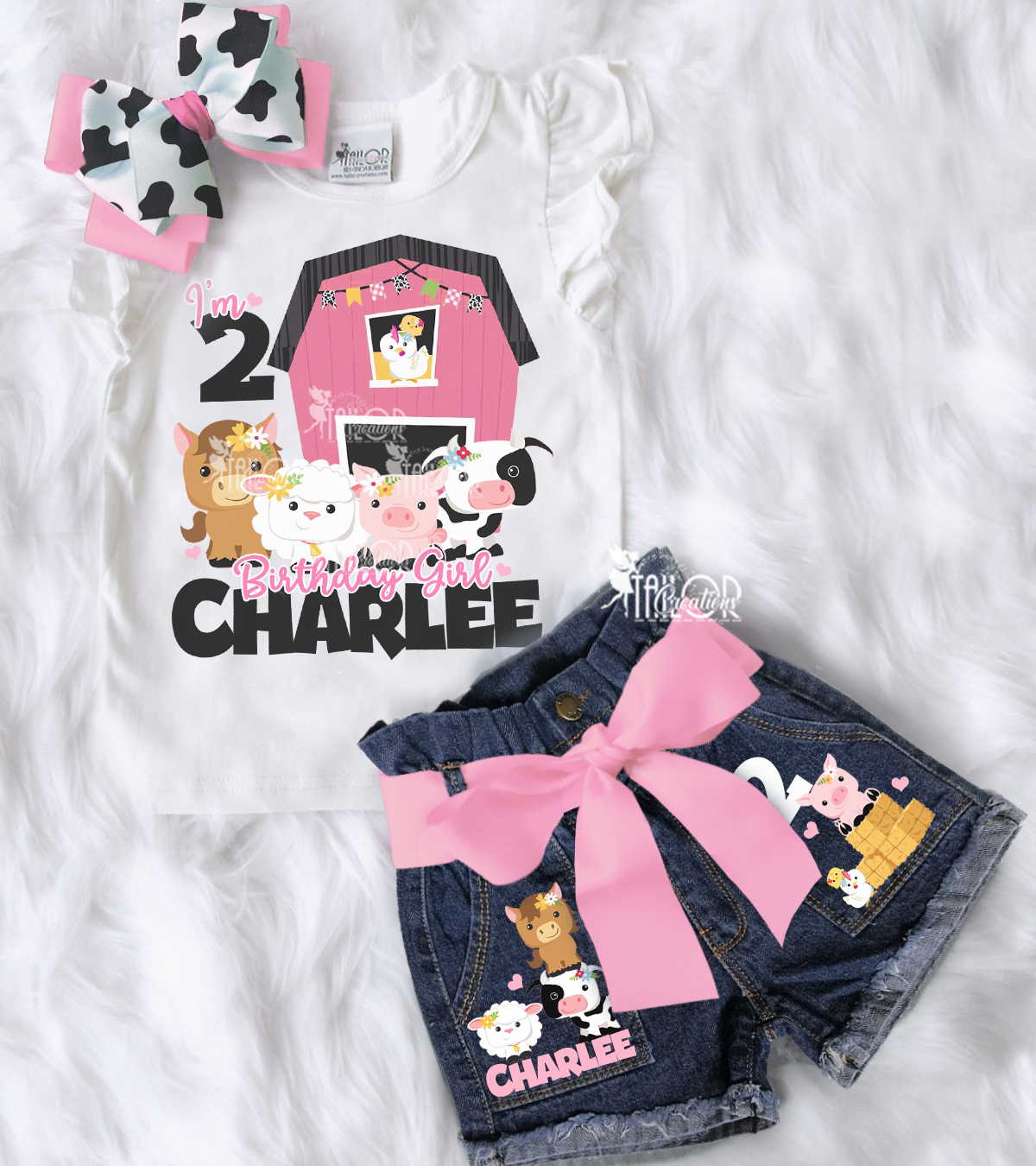 Barnyard Pink Cowgirl Birthday Party Denim Outfit - Farm Animals Birthday Outfit for Girls